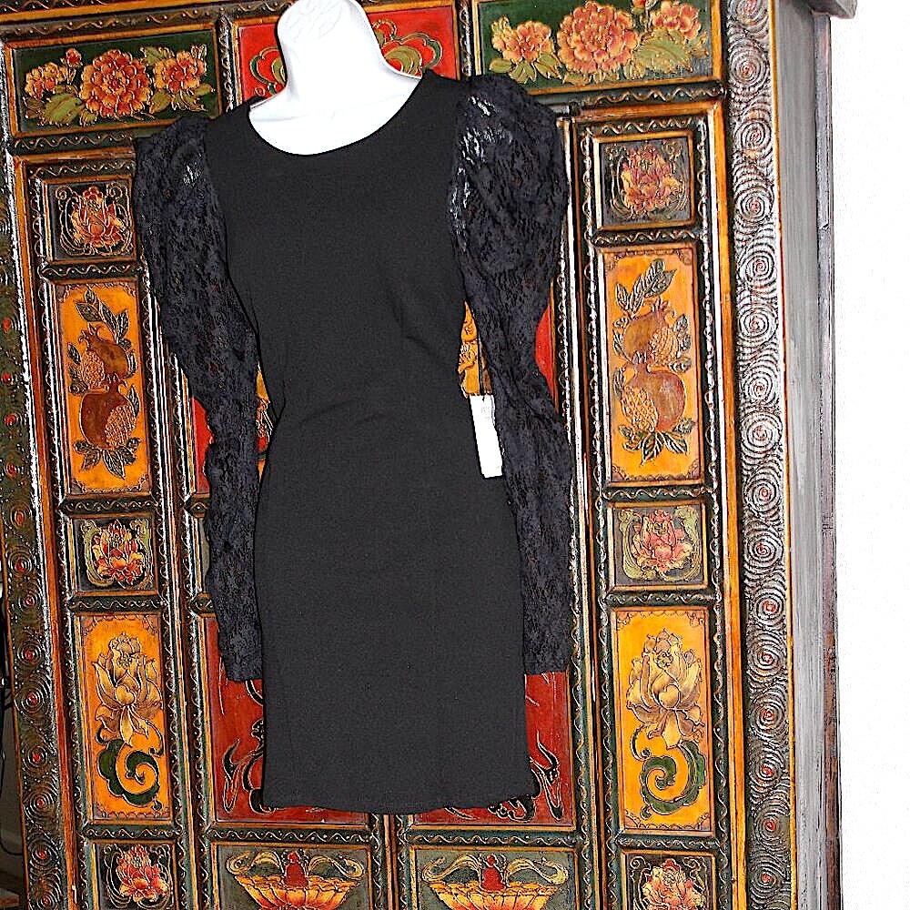 New Black Mini Dress with Puff Shoulders and Long Lace Sleeves